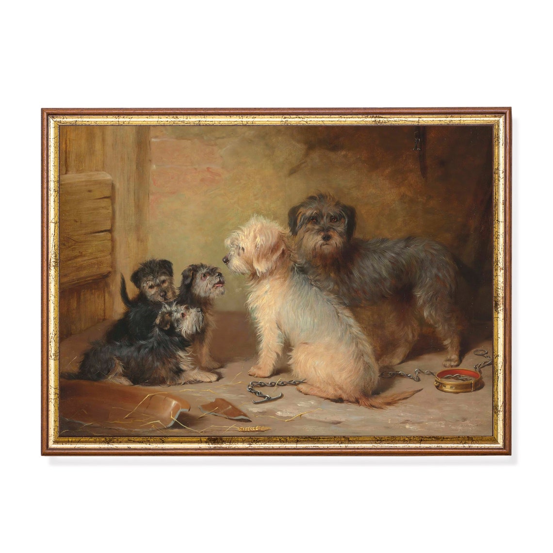 Antique Four Terrier Dogs in a Stable with Broken Bowl Poster