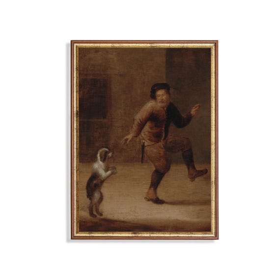Mailed Print Vintage Man Portrait Antique Man Dancing With A Dog Print And Ship Moody Rustic Portrait Painting Livingroom Art