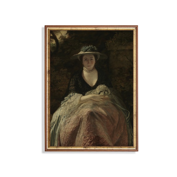Lady in a Wide Hat Holding a Small White Dog Garden Portrait Poster