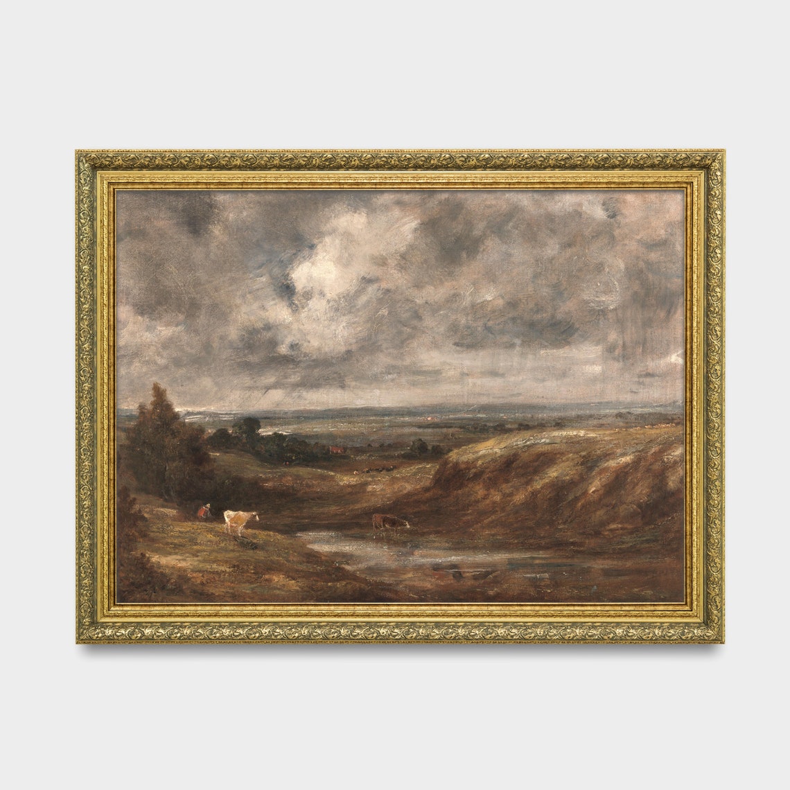 Stormy Countryside with Cows by a Stream Vintage Landscape Oil Poster - Image 2