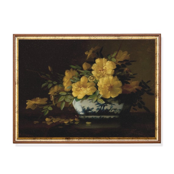 Print And Ship Dark Flower Vintage Painting Vintage Roses Painting Yellow Roses In Vase Moody French Wall Decor Mailed Print