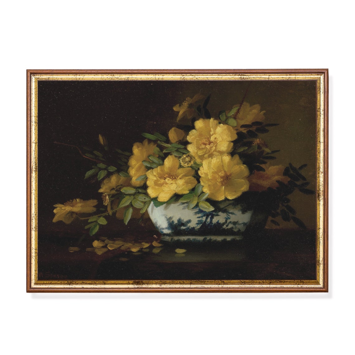 Moody Yellow Roses in a Blue Porcelain Vase Dark Floral Wall Art