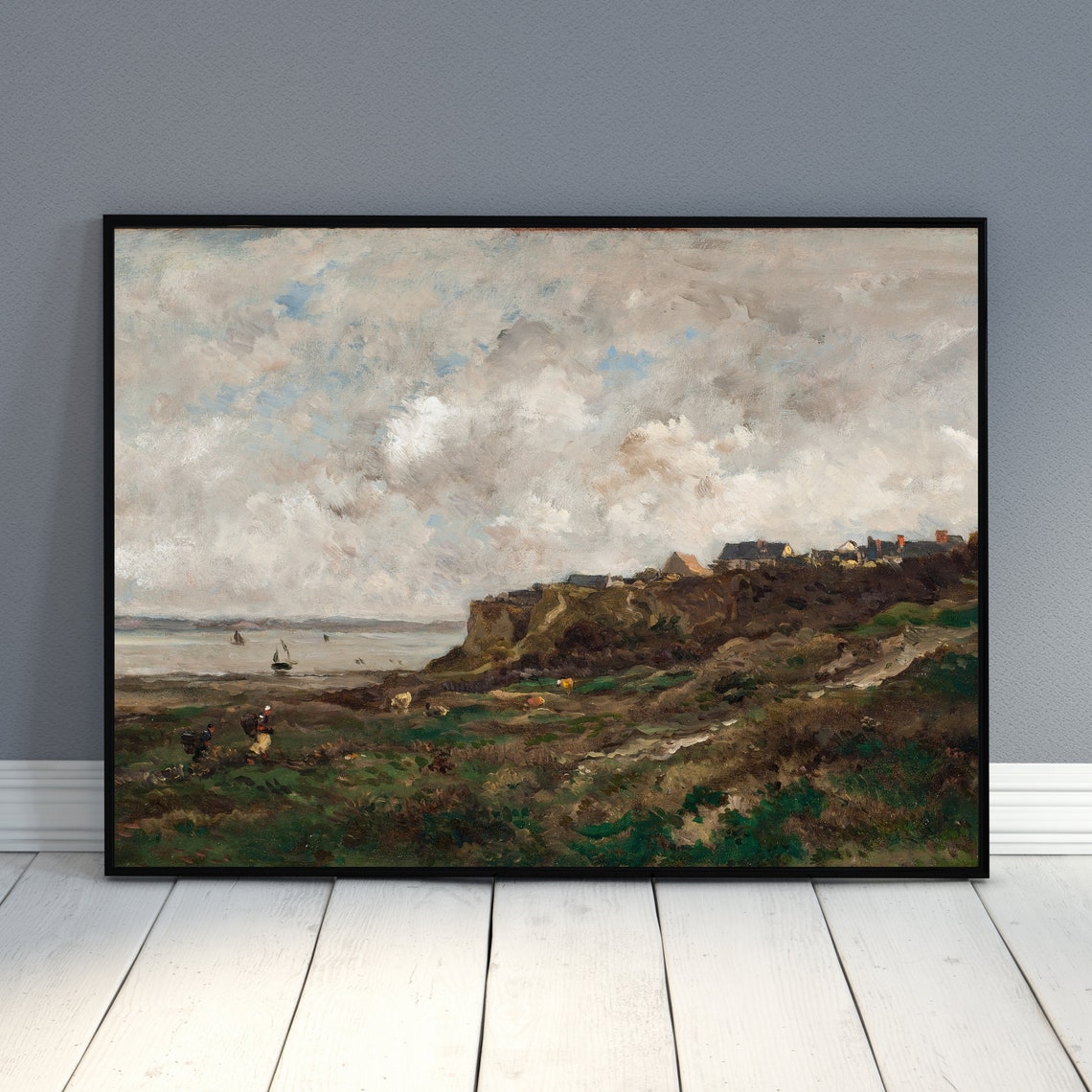 Moody Coastal Cliffs Village Seascape Antique Oil Painting Poster - Image 2