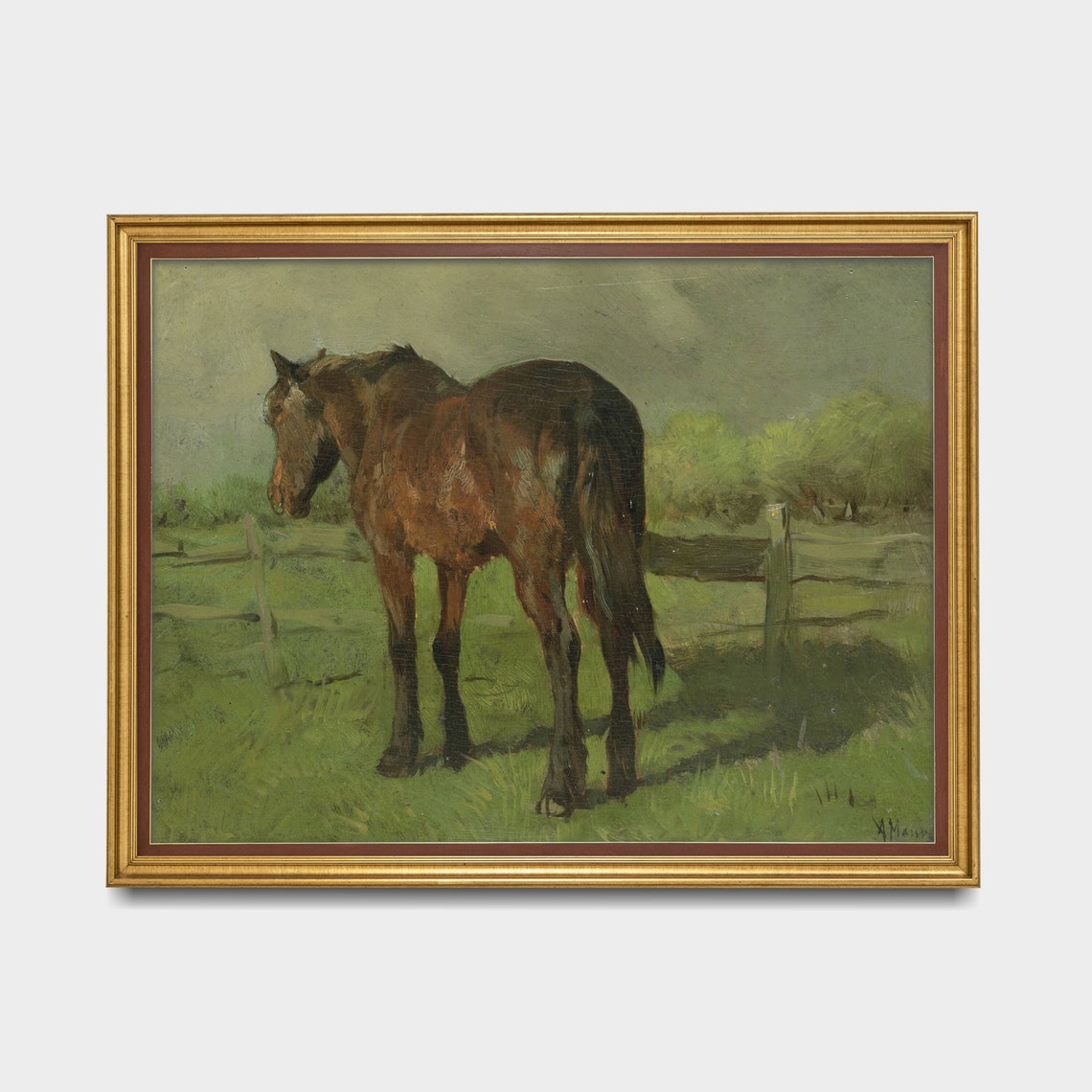 Brown Horse Standing in a Sunlit Green Pasture Painting Poster - Image 3