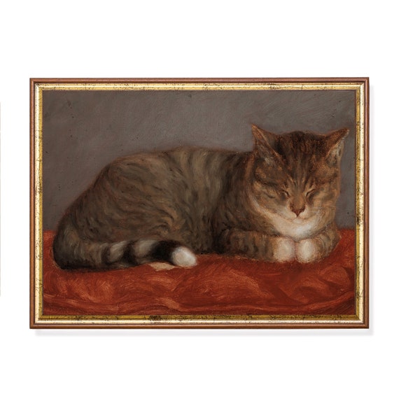 Vintage Cat Painting Antique Animal Print Farmhouse Decor Moody Rustic Art Wall Art Fine Art Print