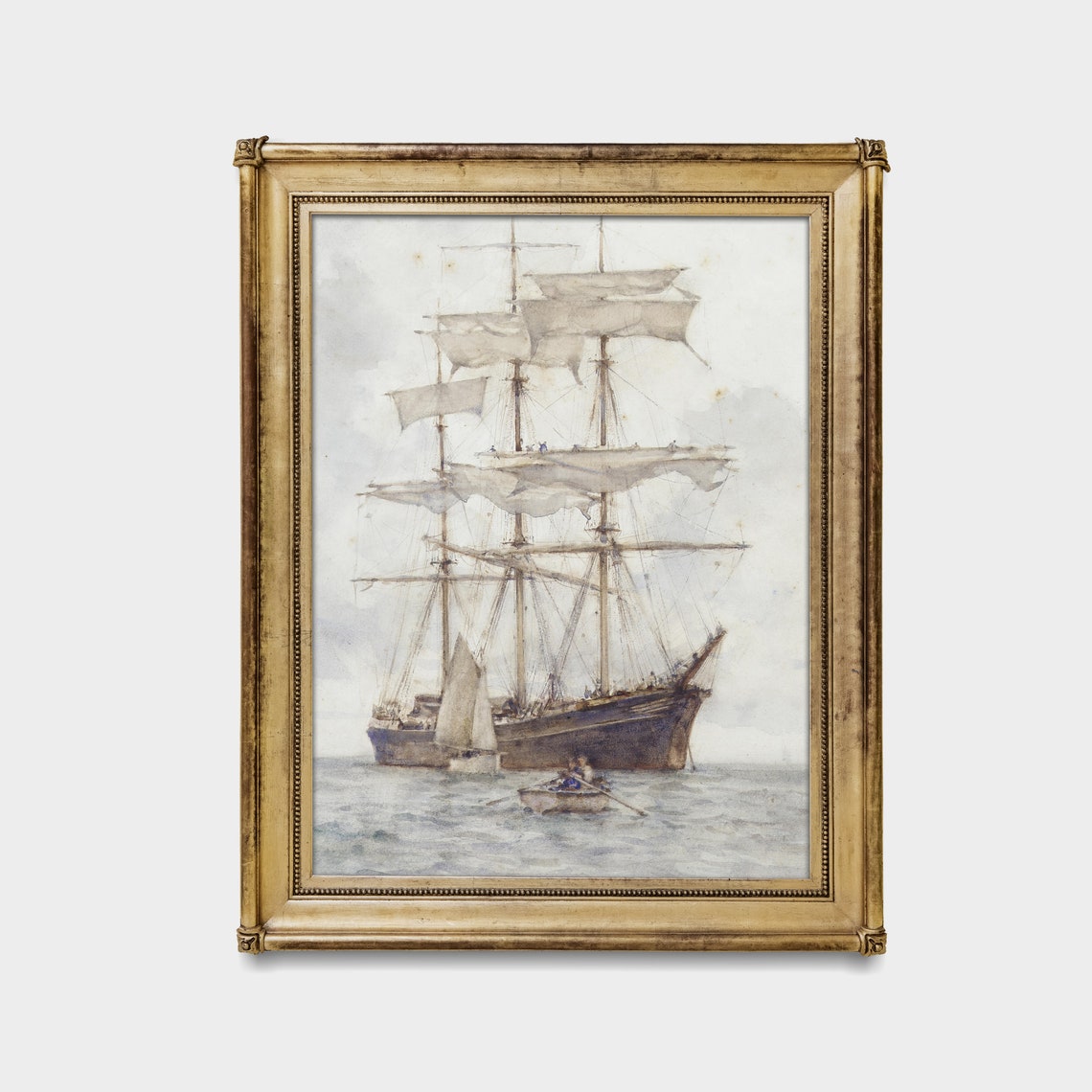 Tall Sailing Ship Pale Watercolor Painting With Rowboat Poster - Image 3
