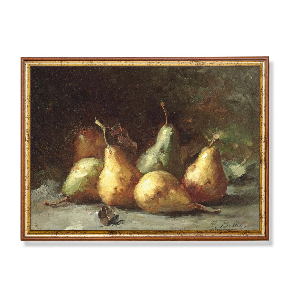 Vintage Pears Still Life Art Print, Rustic Farmhouse
