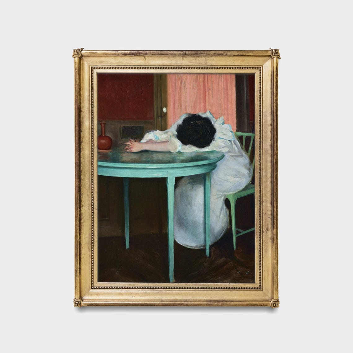 Antique Woman Resting At Green Table Interior Painting Wall Poster - Image 5