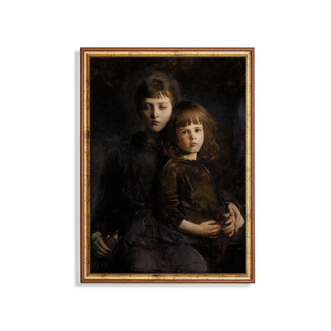 Two Young Sisters Portrait in Dark Vintage Oil Painting Art Poster