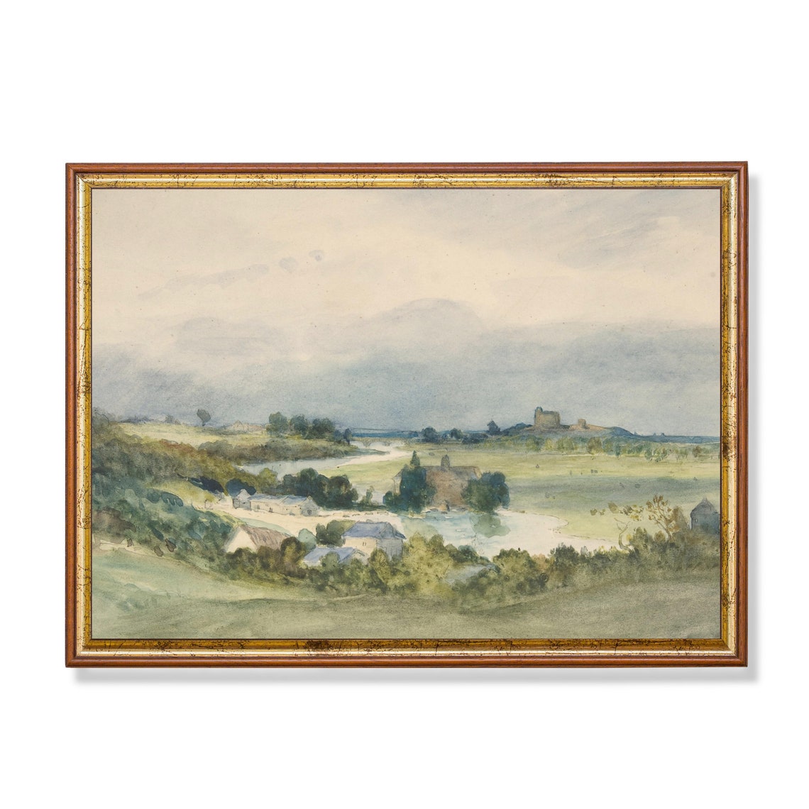 Watercolor River Valley with Distant Castle Ruins Antique Poster