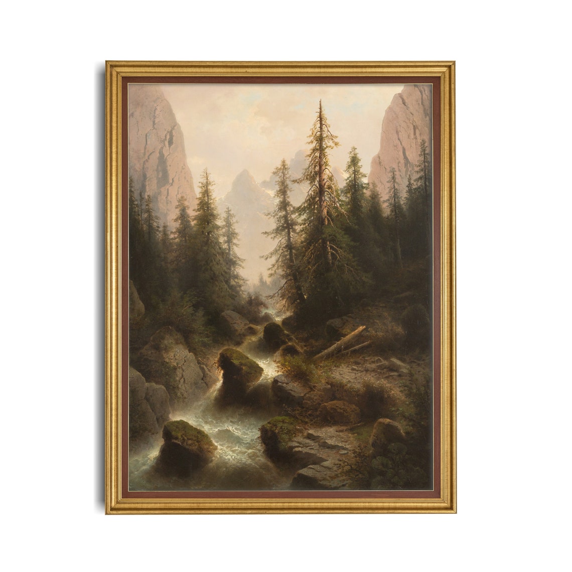 Mountain Stream Gorge with Pines Vintage Alpine Landscape Poster - Image 2