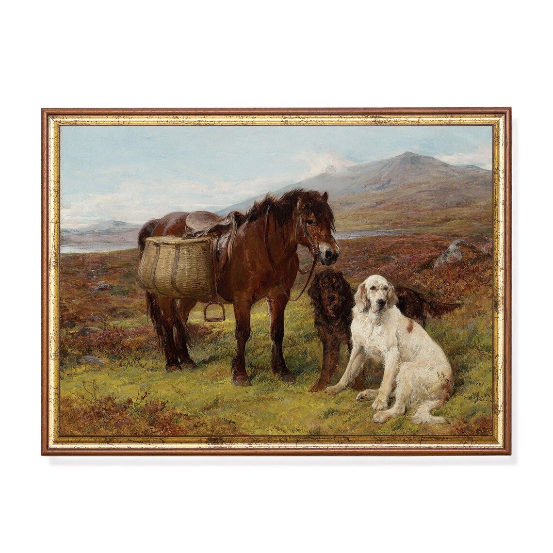 Vintage Horse and Dogs Antique Art Print, Farmhouse