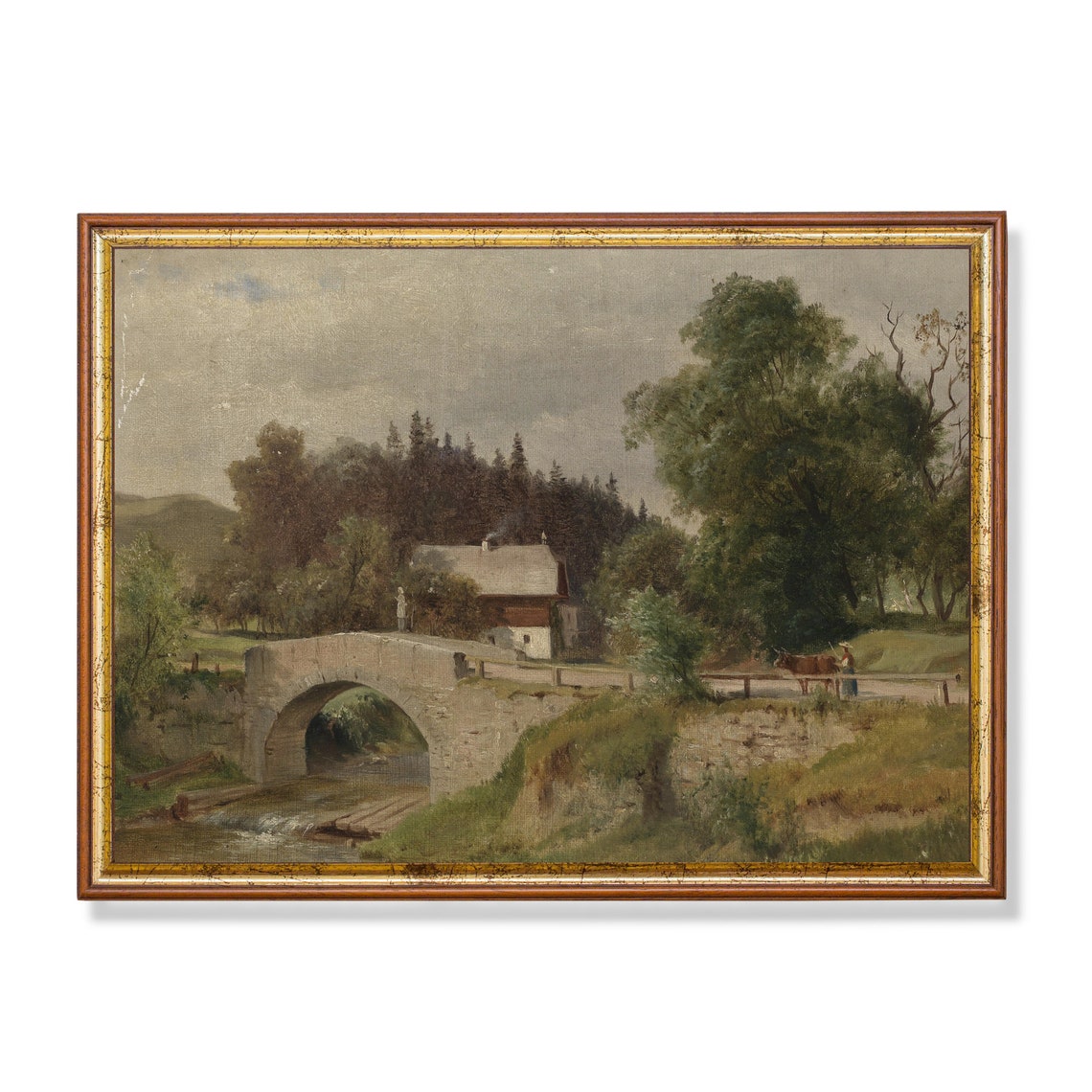 Stone Bridge Cottage and Stream with Cow Vintage Country Scene Poster