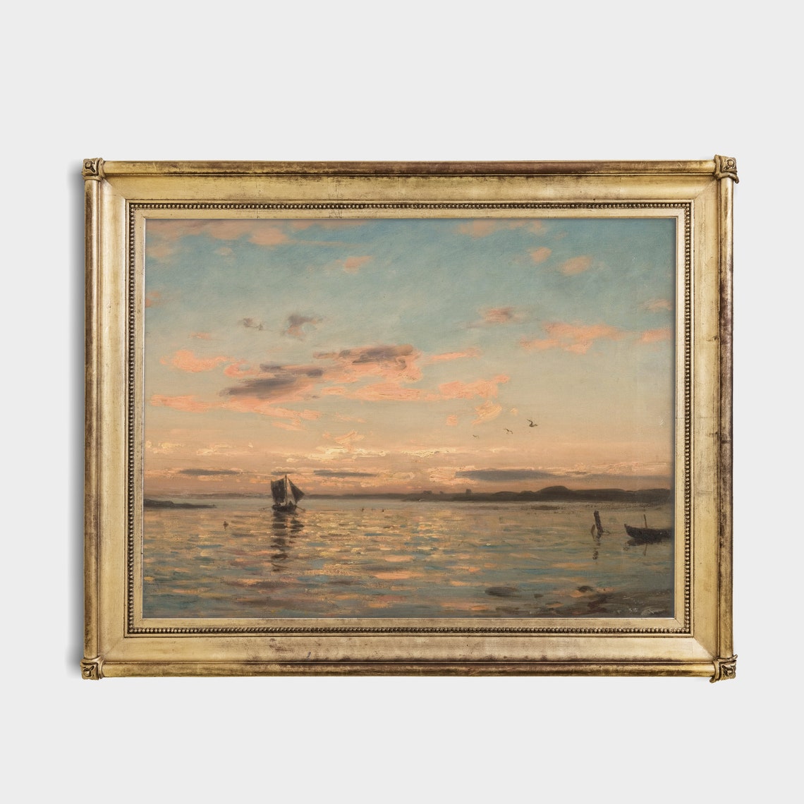 Sunset Harbor with Sailboats and Pink Clouds Vintage Seascape Poster - Image 2
