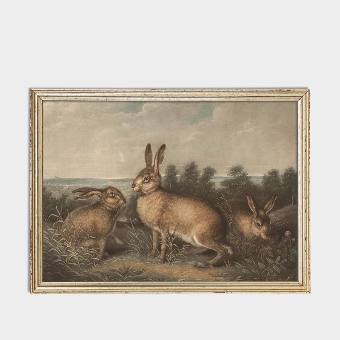 Three Hares Countryside Vintage Engraving Style Animal Art Poster - Image 3