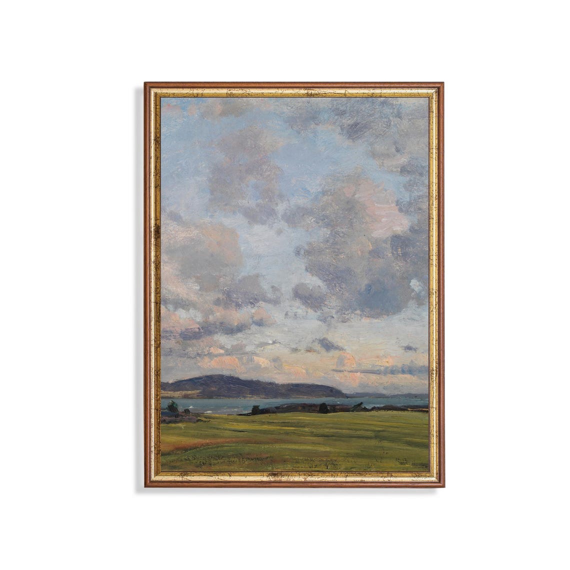Dramatic Clouds Over Lake and Green Meadow Vintage Sky Poster