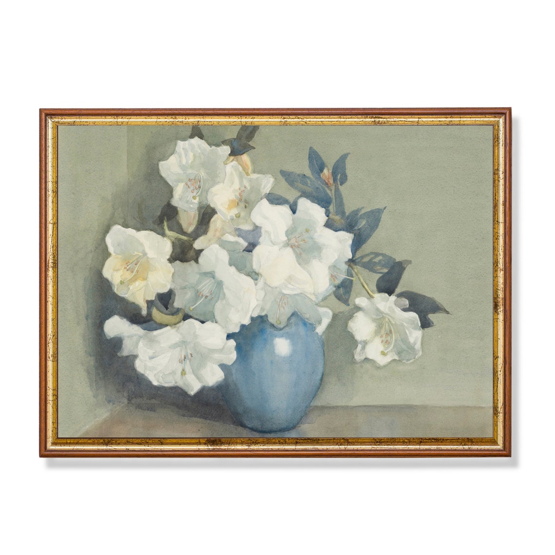 White Azaleas in a Blue Vase Watercolor Floral Painting Poster
