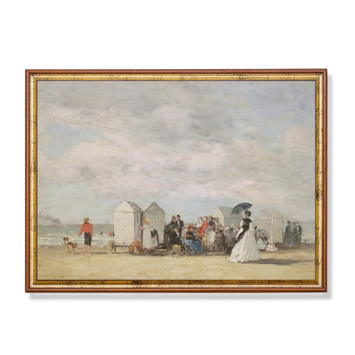 Victorian Bathers on the Beach with White Bathing Huts Poster