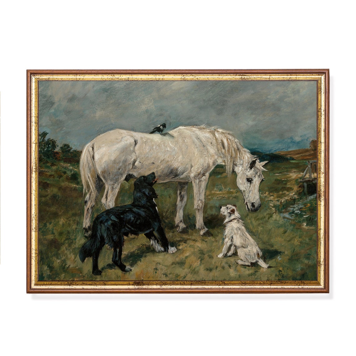 Horse And Dogs Painting Vintage Prints Antique Animal Oil Painting Print Moody Rustic Art Wall Art