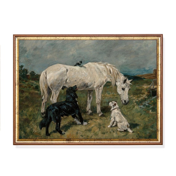 Horse And Dogs Painting Vintage Prints Antique Animal Oil Painting Print Moody Rustic Art Wall Art