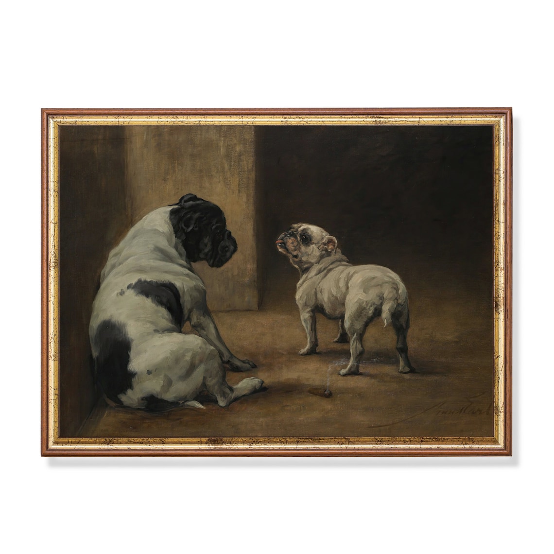 Two Bulldogs And A Small Bird Vintage Canine Oil Painting Poster
