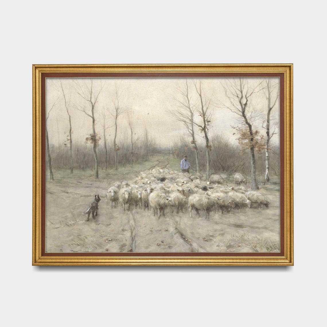 Shepherd Leading Sheep Flock Sandy Path Bare Trees Vintage Art Poster - Image 5