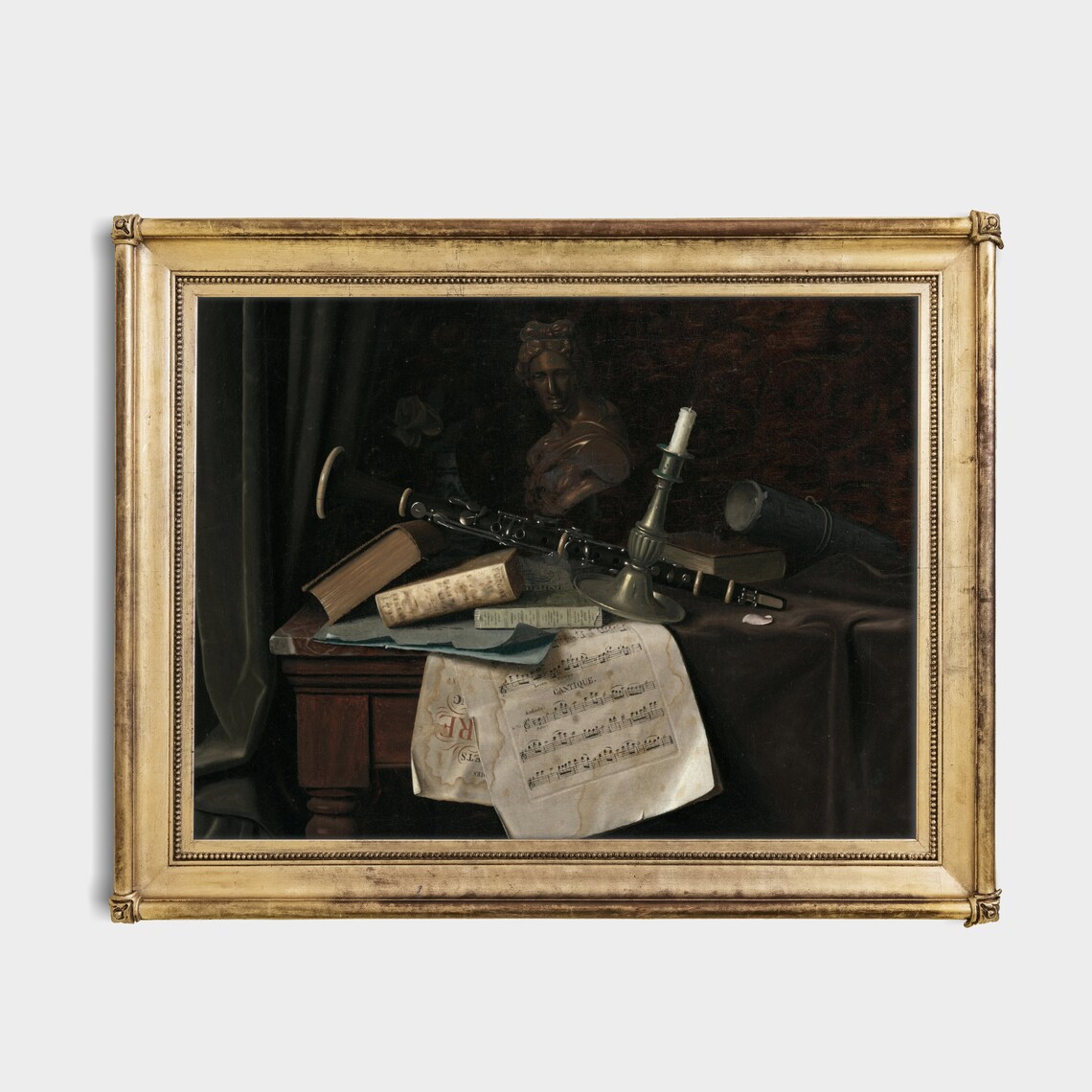 Still Life With Clarinet Candle Books and Sheet Music Painting Poster - Image 2