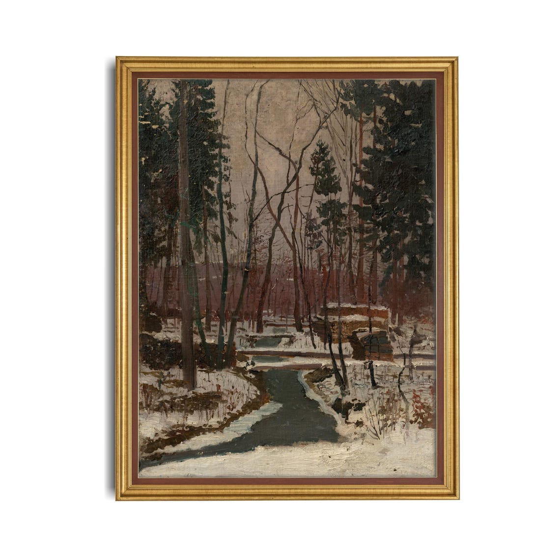 Snowy Winter Forest with Stream and Cabins Vintage Landscape Poster - Image 3