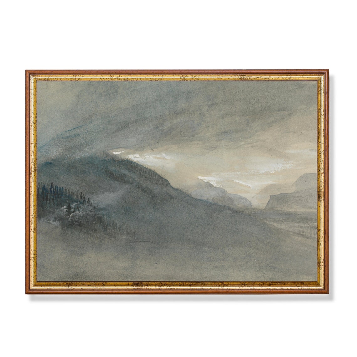 Foggy Grey Mountain Peaks Antique Watercolor Landscape Poster