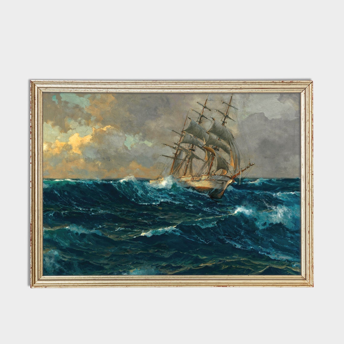 Sailing Ship Battling Stormy Waves Dramatic Ocean Painting Poster - Image 2
