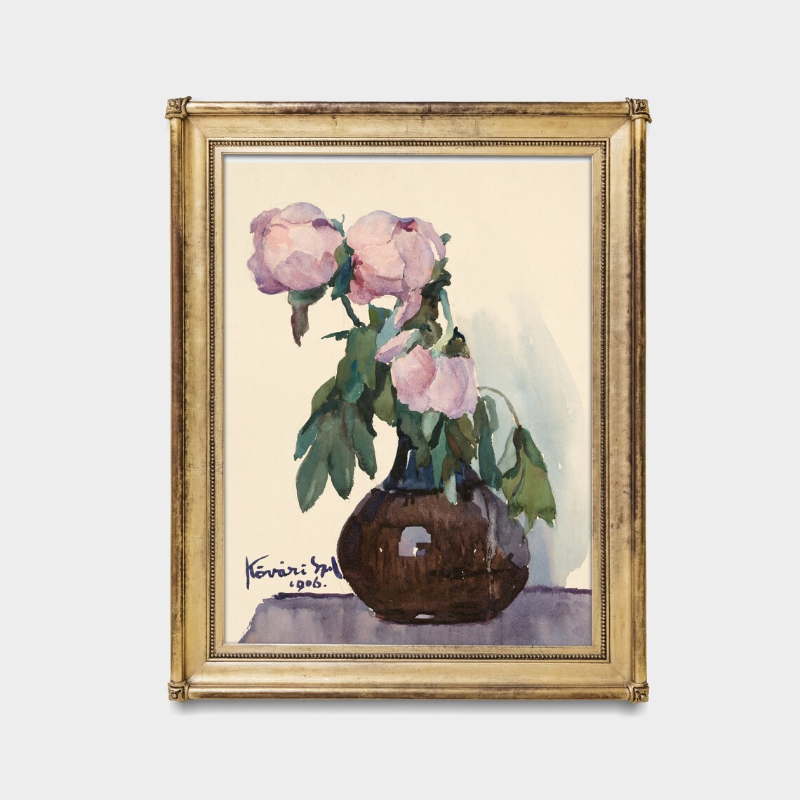 Antique Pink Peonies in a Dark Vase Watercolor Floral Art Poster - Image 3