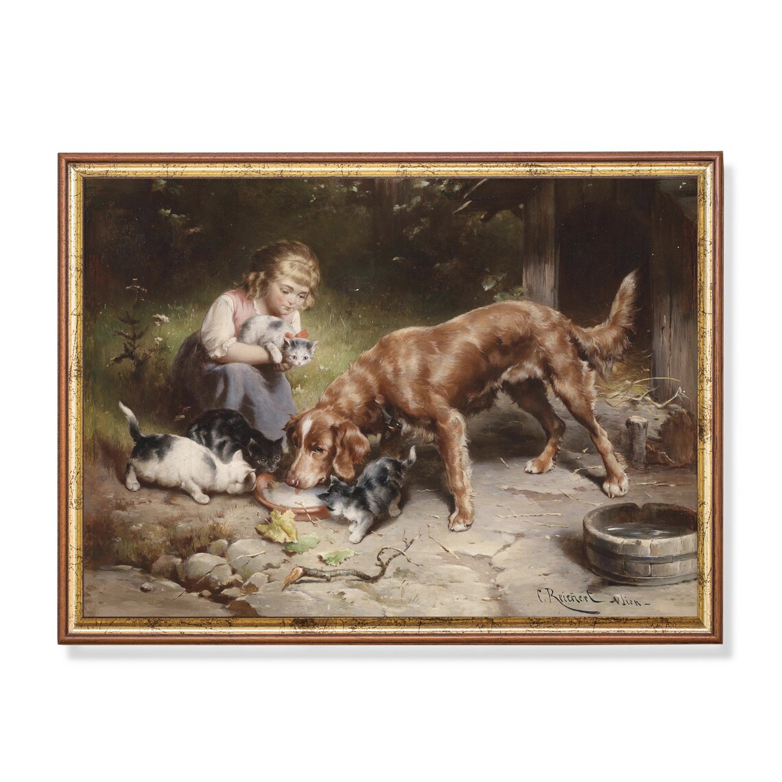 Little Girl with Dog and Kittens Sharing Milk Genre Painting Print