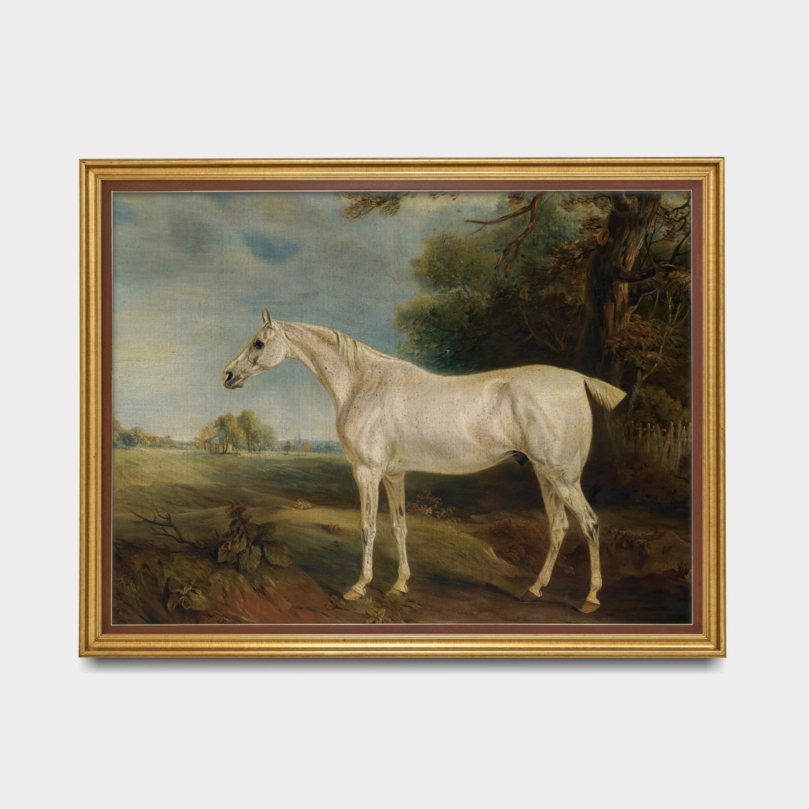 White Horse in a Pastoral Landscape with an Ancient Oak Vintage Poster - Image 3