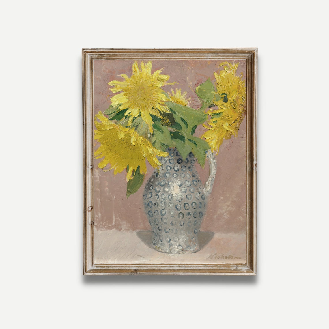 Sunflowers in Blue Spotted Pitcher Antique Floral Still Life Poster