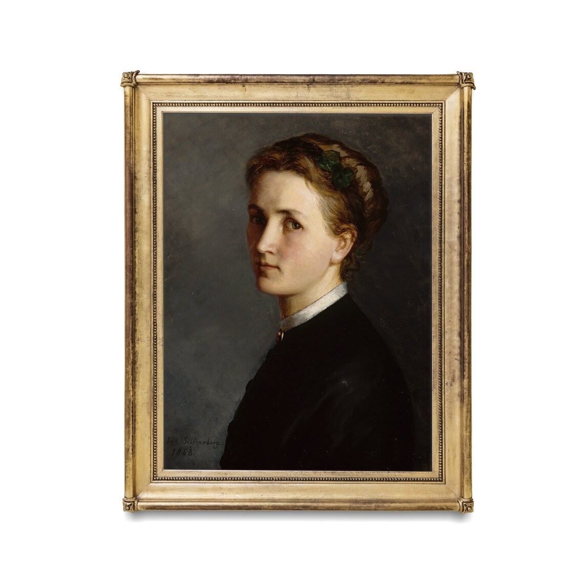Antique 1868 Moody Woman Portrait Dark Oil Painting Signed Fine Art Poster - Image 3