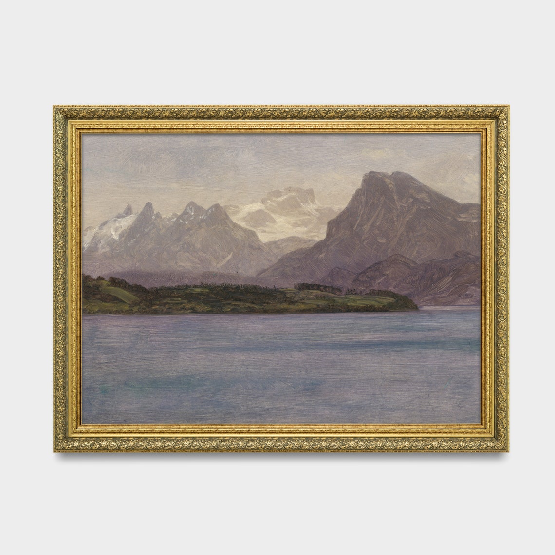 Vintage Alpine Lake With Snow-Capped Peaks Painting Art Poster - Image 2