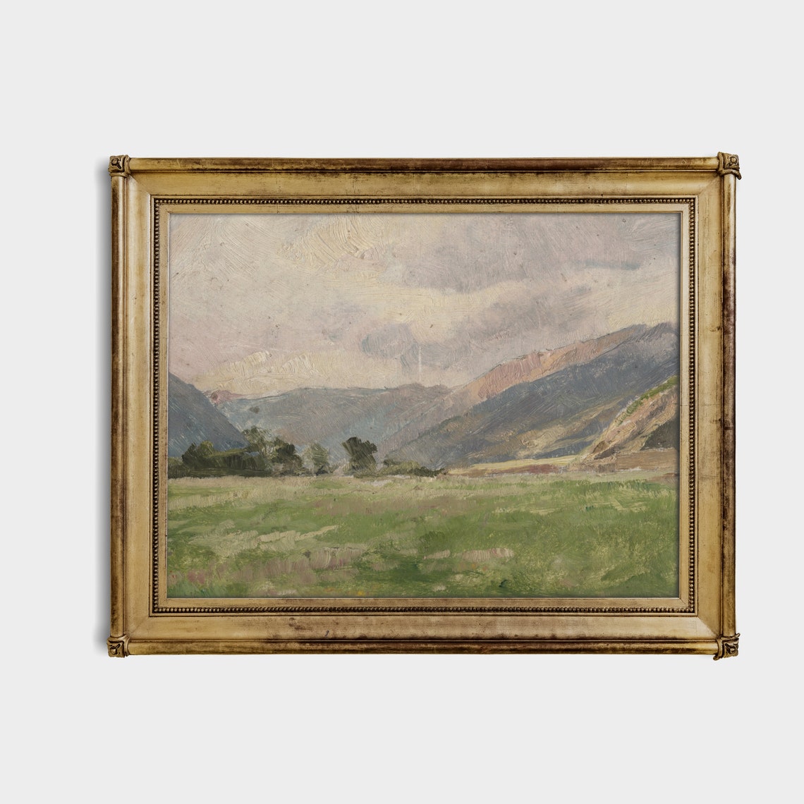Green Meadow Valley with Distant Mountains Antique Oil Poster - Image 4