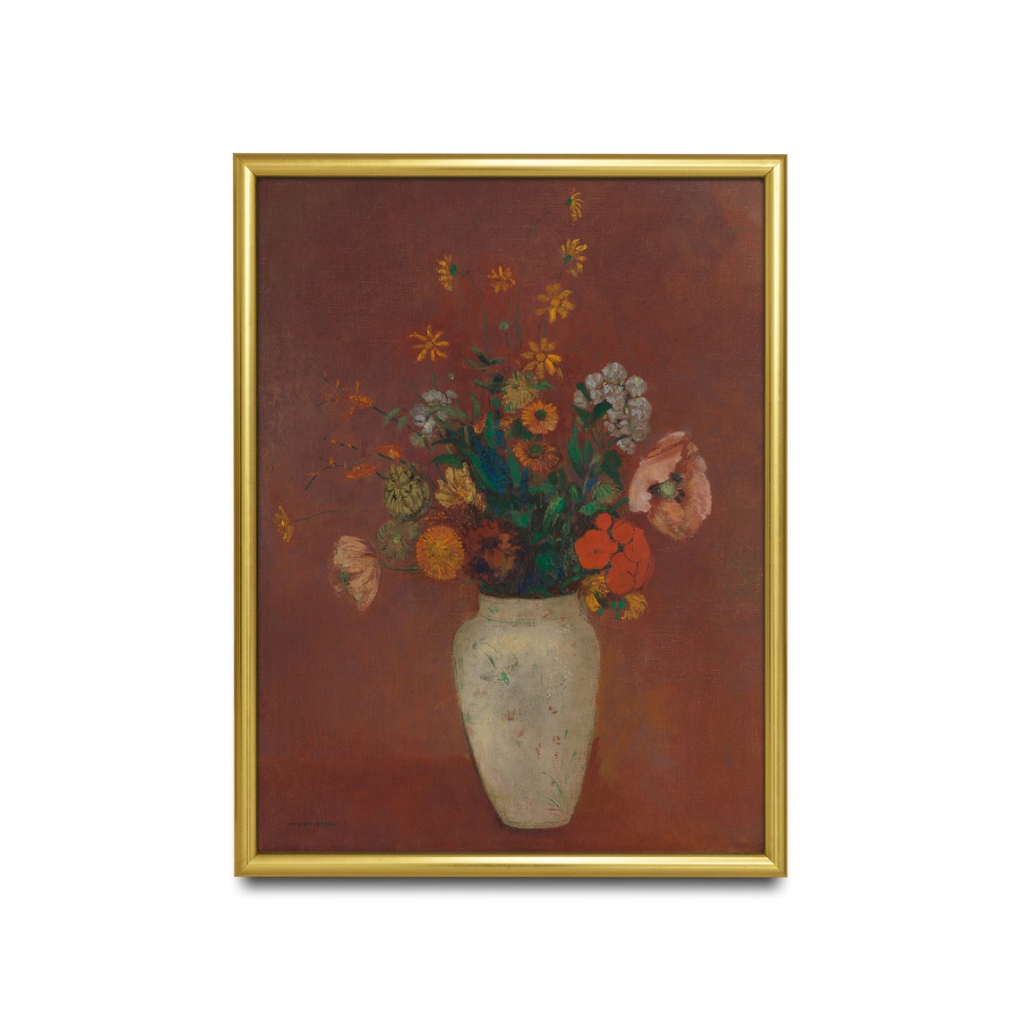 Wildflowers in a White Vase Against a Rust Red Ground Poster - Image 2