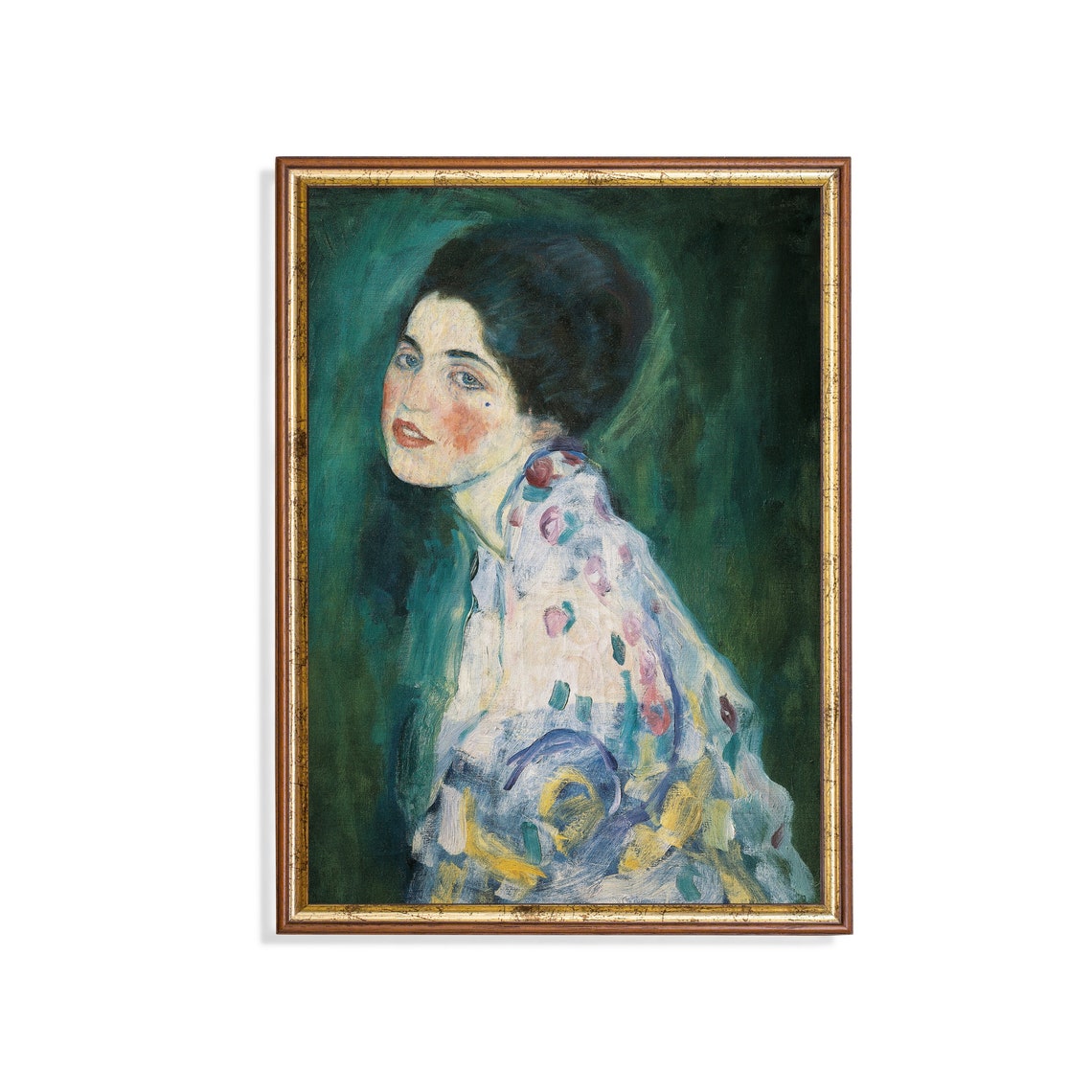 Woman in a Patterned Dress Against a Green Background Portrait Poster