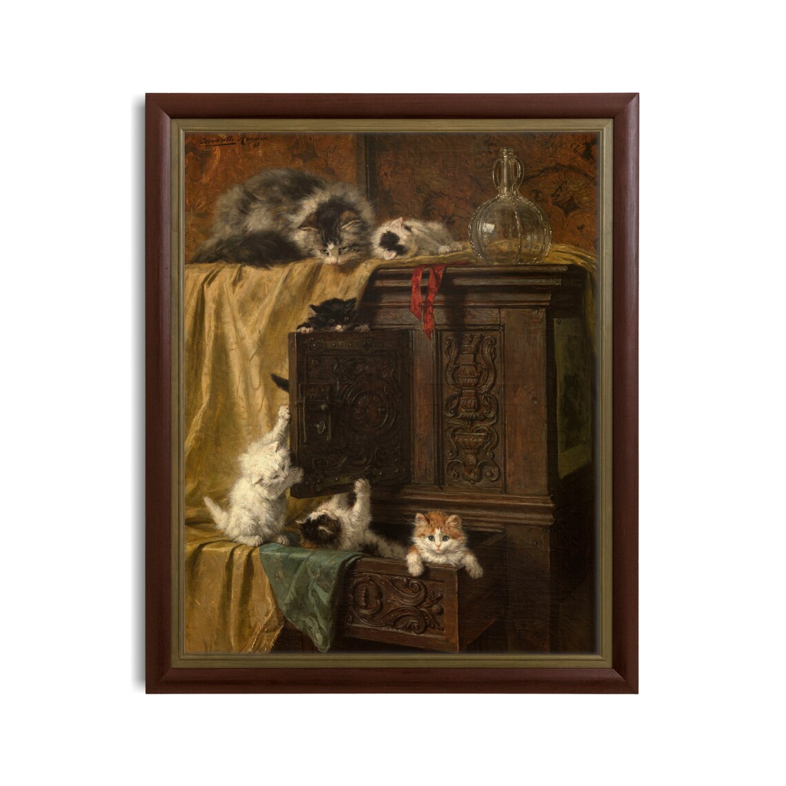 Playful Kittens Climbing an Antique Cabinet Vintage Cat Painting Poster - Image 2