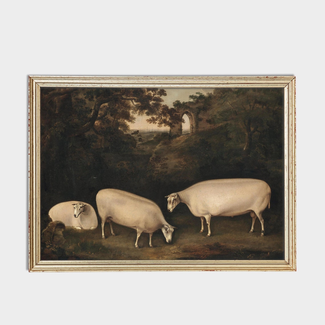 Three Sheep Grazing by Ruined Abbey Moody Antique Animal Art Print - Image 2