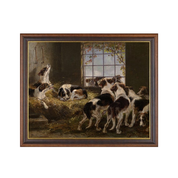 Printed And Shipped Vintage Dog Painting Antique Animal Print Rustic Moody Art Farmhouse Decor Pack Of Hounds Mailed Print