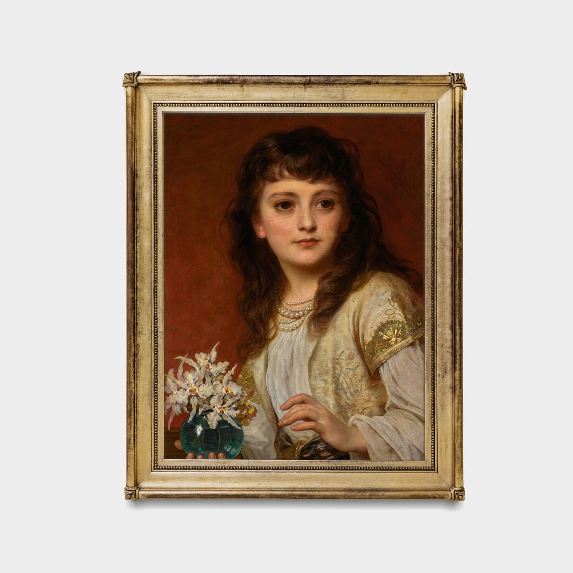 Young Girl Holding Flower Vase Vintage Portrait Painting Poster - Image 2