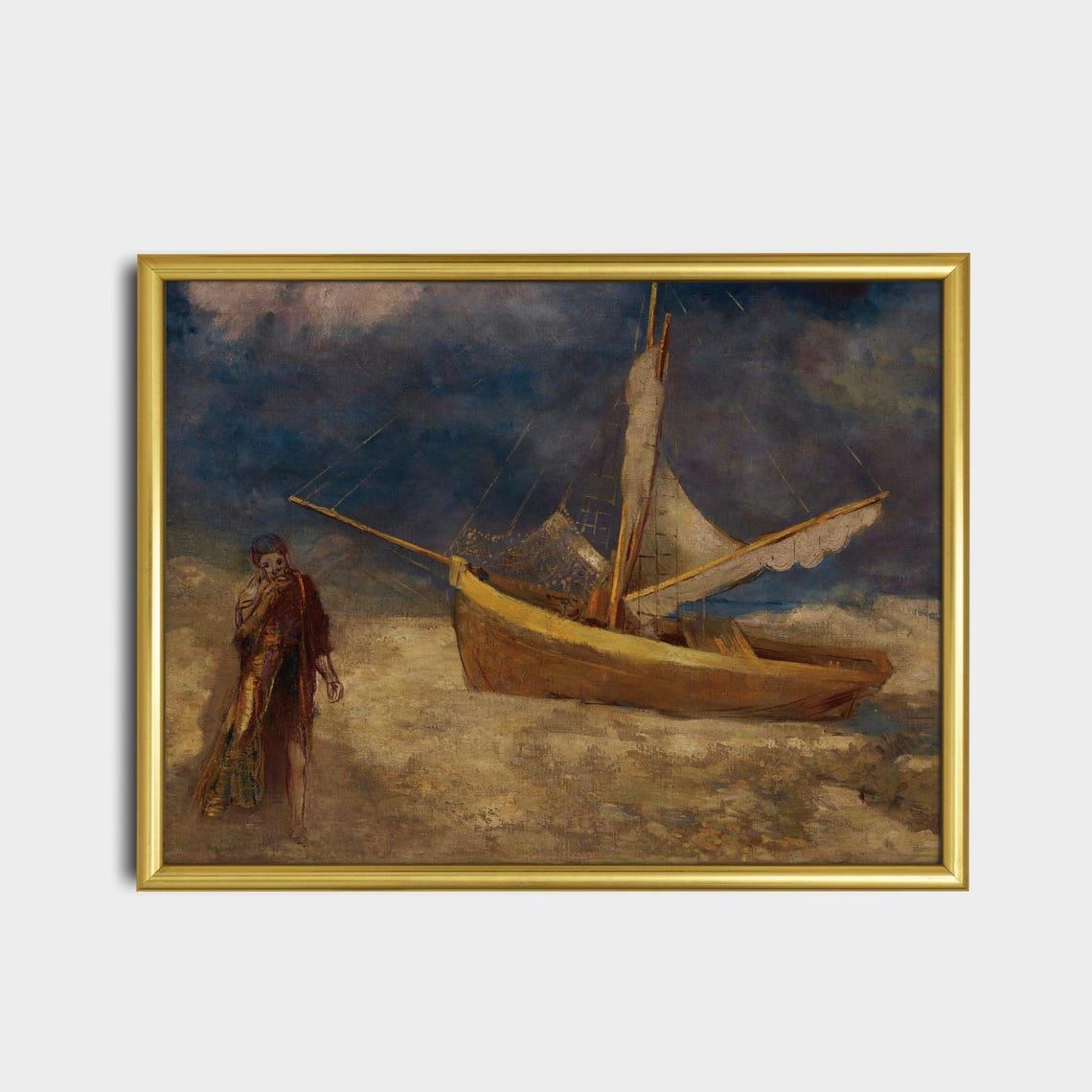 Fisherman Beside A Beached Sailboat At Dusk Vintage Art Poster - Image 2