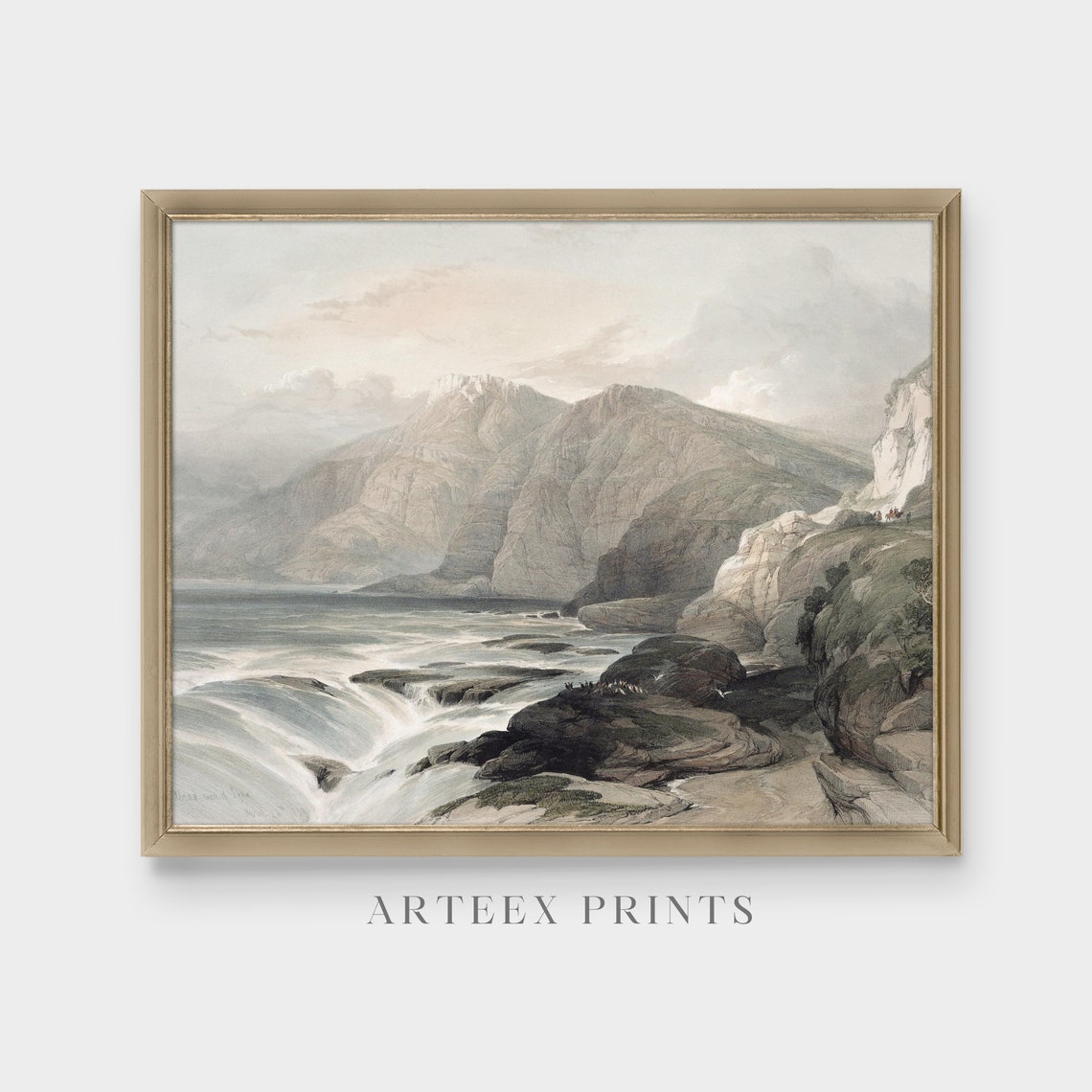 Misty Coastal Cliffs River Mouth Antique Engraved Landscape Poster - Image 4