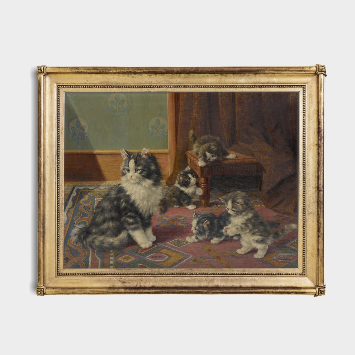 Cute Fluffy Cat and Kittens Playing on Rug Vintage Animal Poster - Image 2