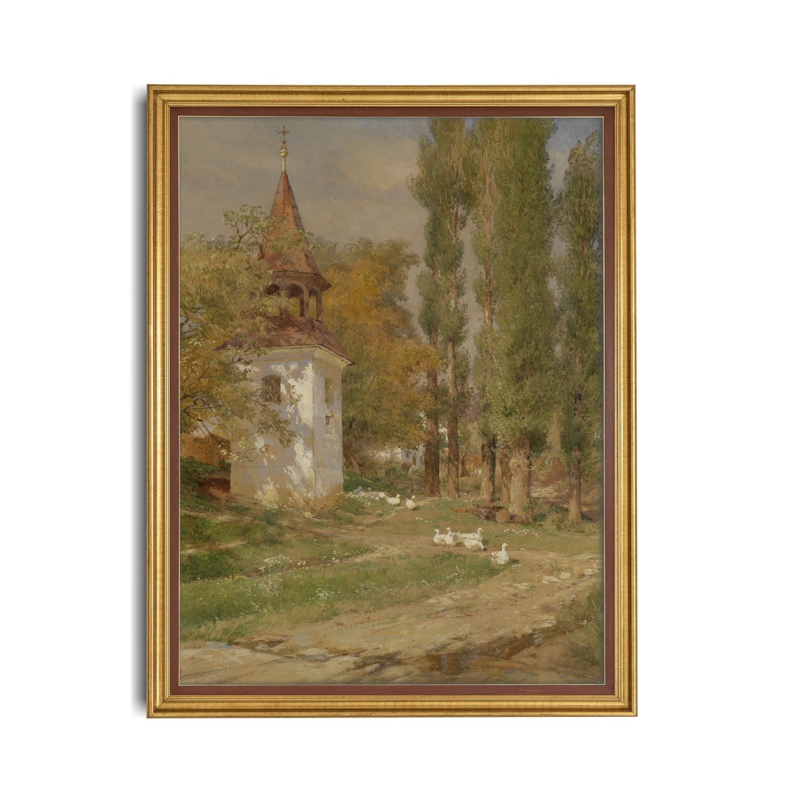 White Country Chapel With Poplars and Wandering Geese Vintage Poster - Image 2