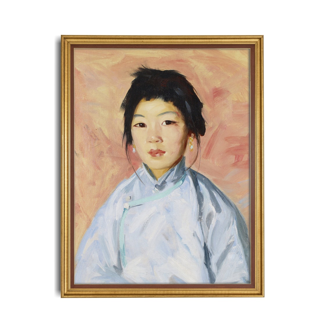 Young Woman in Traditional Blue Robe Vintage Asian Portrait Poster - Image 2