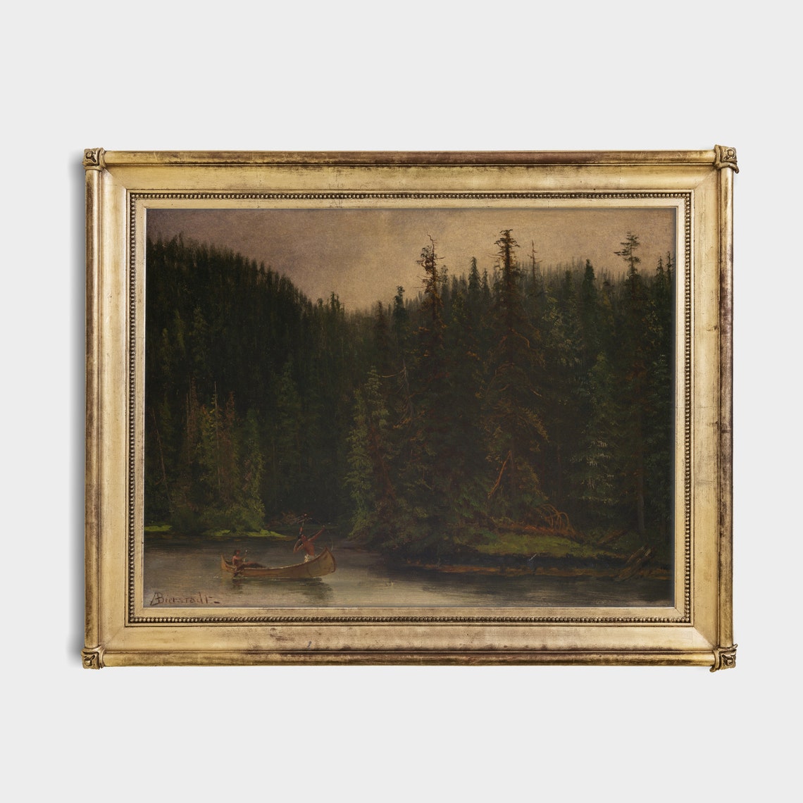 Bierstadt Canoe on a Forest Lake Beneath Tall Evergreens Poster - Image 2