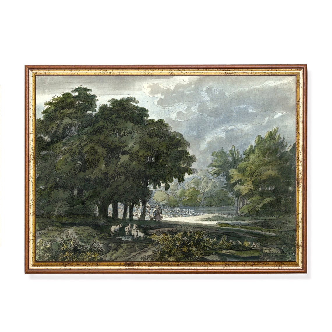 Sheep Drinking at a Woodland Pond with a Shepherd Pastoral Poster